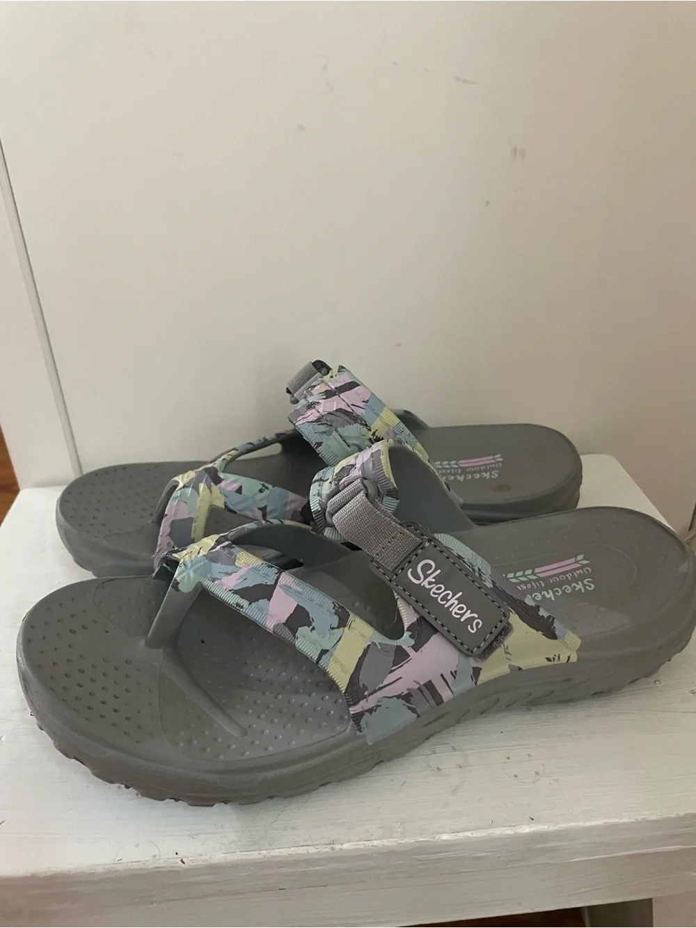 Skechers Gray Sandals with Pastel Multi-Color Straps